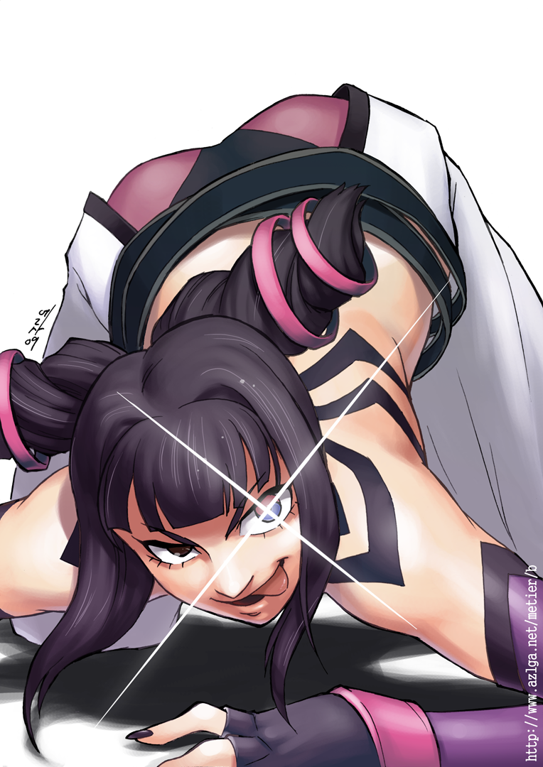 all_fours ass back baggy_pants belt black_hair capcom chaps elbow_gloves fingerless_gloves gloves glowing glowing_eye glowing_eyes han_juri metier2501 nail_polish naughty_face solo street_fighter street_fighter_iv tongue top-down_bottom-up
