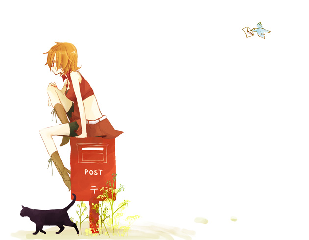 brown_hair cat flower meiko postbox red short_hair simple_background skirt solo vocaloid yoshiki
