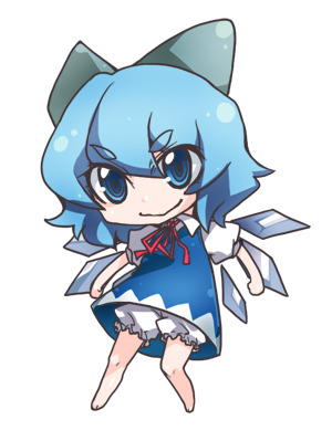 barefoot bloomers blue_eyes blue_hair bow chibi cirno clenched_hands hair_bow lowres neck_ribbon ribbon ringed_eyes short_hair tima touhou wings