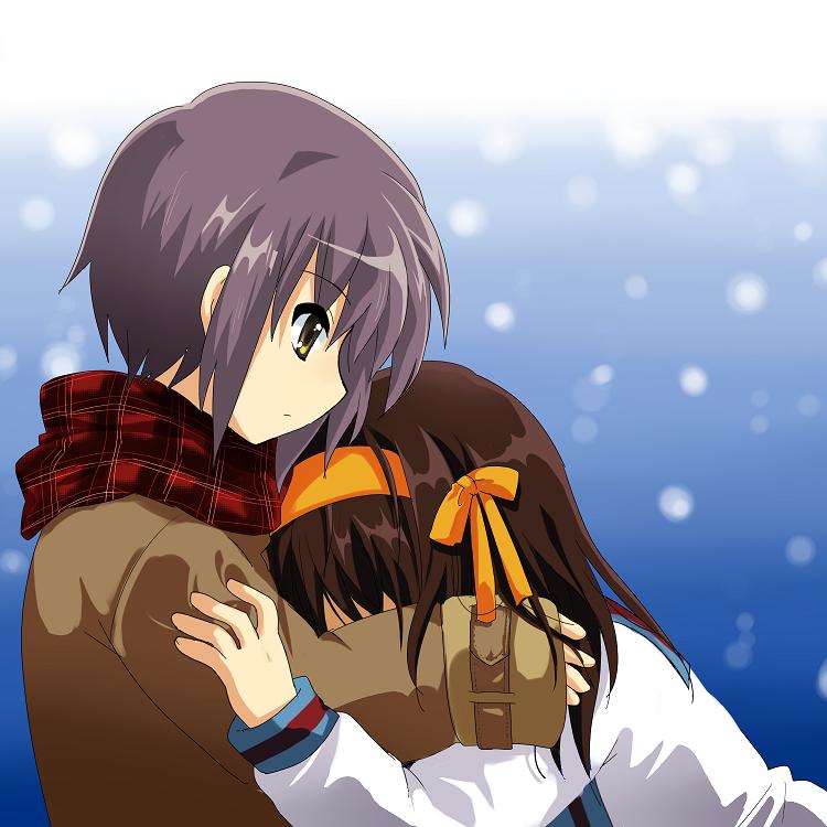 brown_hair coat comforting hairband hug mochizuki_yomogi nagato_yuki scarf school_uniform short_hair silver_hair snow suzumiya_haruhi suzumiya_haruhi_no_yuuutsu tears