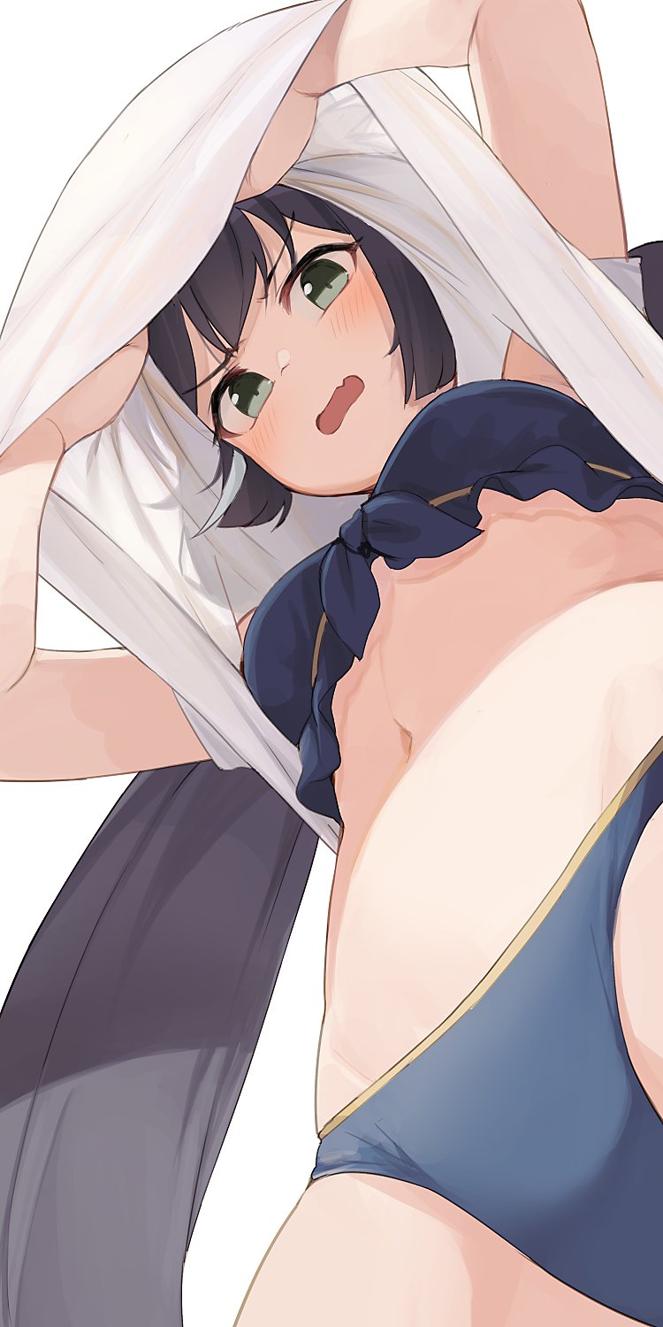 1girl bikini black_hair blush breasts cat_girl fang from_below green_eyes highres hiroki_(yyqw7151) karyl_(princess_connect!) lifted_by_self looking_down low_twintails multicolored_hair navel open_mouth princess_connect! streaked_hair swimsuit twintails white_hair