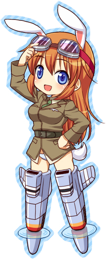 blue_eyes bunny_ears charlotte_e_yeager goggles hand_on_hip long_hair lowres military military_uniform mochiya_marosuke no_nose open_mouth orange_hair panties rabbit_ears solo strike_witches tail underwear uniform