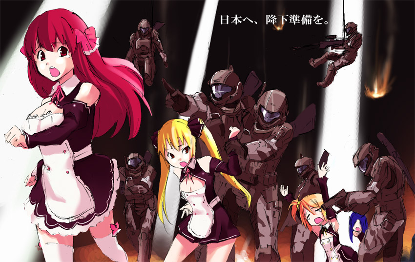 arms_up blonde_hair blue_hair bow bows commentary_request crossover detached_sleeves dream_c_club dress fire gun halo_(game) handgun helmet km_(artist) long_hair m6 maid mian_(dream_c_club) odst open_mouth orange_hair pointing red_eyes red_hair reika_(dream_c_club) ribbon rifle setsu_(dream_c_club) setu_(dream_c_club) side_ponytail tears thigh-highs thighhighs translated twintails weapon wrist_grab zettai_ryouiki