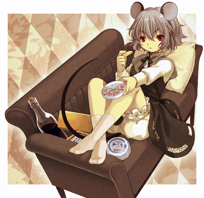 animal_ears bad_id bloomers cheese couch crossed_legs_(lying) dioptrie feet grey_hair hands jewelry lying mouse_ears mouse_tail nazrin pendant red_eyes short_hair socks tail touhou