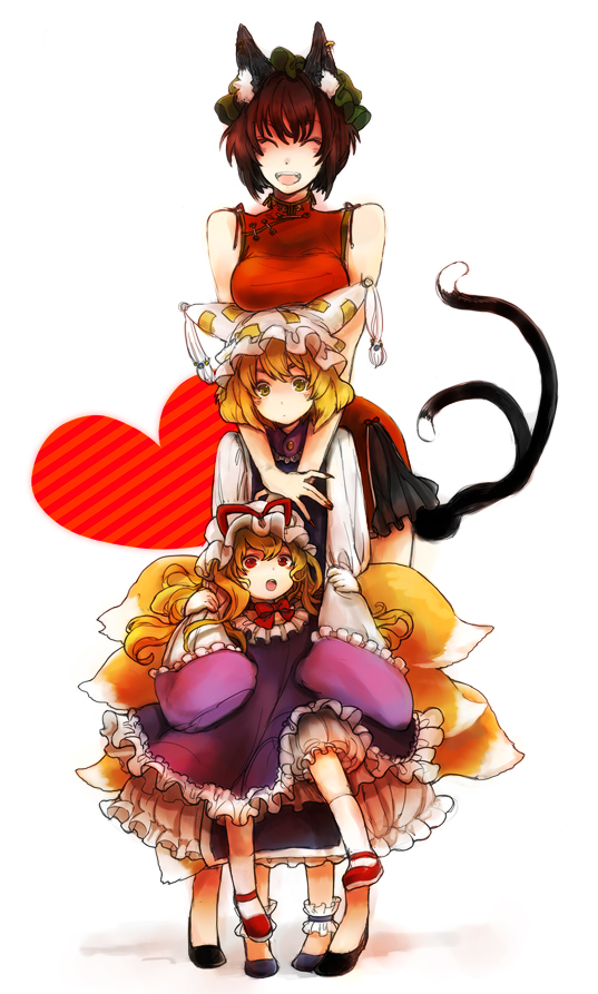 adult animal_ears blonde_hair breast_rest breasts breasts_on_head brown_hair cat_ears cat_tail chen china_dress chinese_clothes earrings fox_tail hat heart jewelry multiple_girls multiple_tails role_reversal tail touhou yakumo_ran yakumo_yukari young yukizen