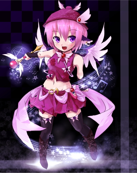 adapted_costume animal_ears ayagi_daifuku bad_id boots earrings fang hat jewelry magic_circle magical_girl midriff musical_note mystia_lorelei navel pink_hair purple_eyes skirt thighhighs touhou wand