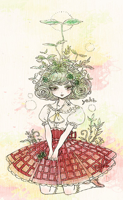 dress flower green_hair hair_ornament kazami_yuuka kneeling plaid_dress plant_girl red_eyes short_hair short_sleeves smile solo sprout sprout_on_head takatora touhou v_arms