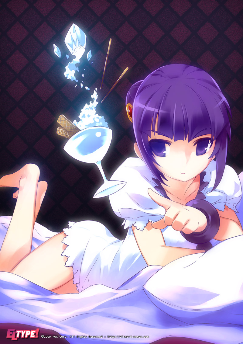 argyle argyle_background barefoot bracelet cryokinesis elsword floating_object hands ice jewelry levitation lying pocky pointing purple_eyes purple_hair ress short_hair smile solo telekinesis violet_eyes wafer_sticks