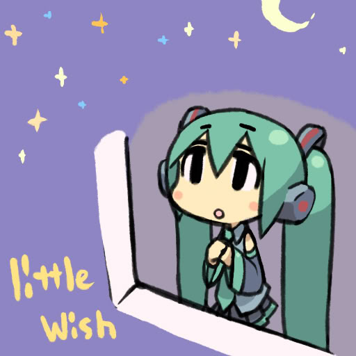 chibi detached_sleeves english green_hair hatsune_miku looking_up moon necktie night night_sky open_mouth pleated_skirt sky star_(sky) starry_sky stars twintails vocaloid