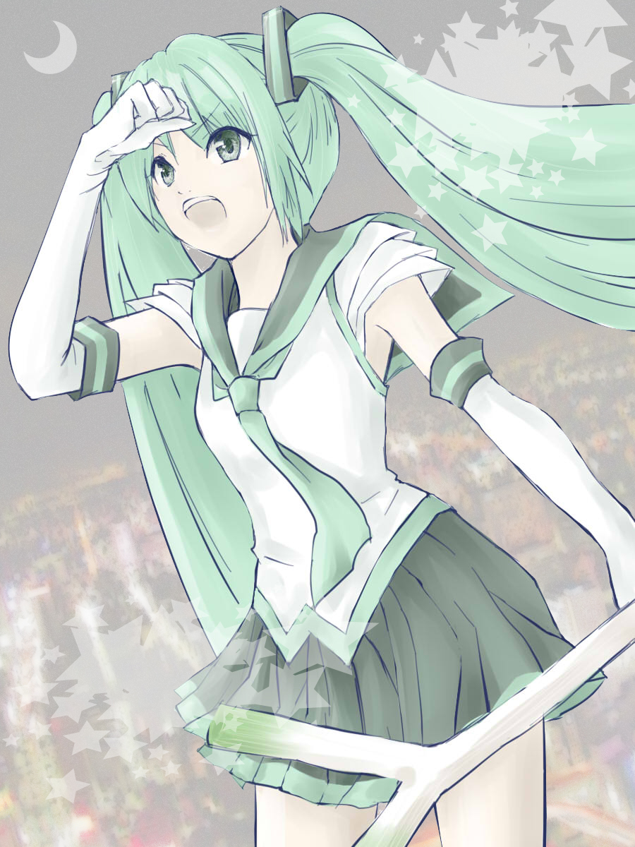 bad_id bishoujo_senshi_sailor_moon cosplay gloves green_eyes green_hair hatsune_miku highres long_hair magical_girl naco_(09297317) open_mouth sailor_moon sailor_moon_(cosplay) solo spring_onion twintails vocaloid