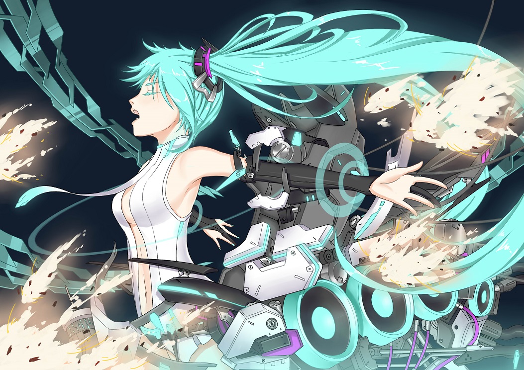 1girl breasts cleavage green_hair hair_ornament hatsune_miku long_hair mecha_musume miku_append navel open_mouth outstretched_arms pc9527 solo spread_arms tagme twintails vocaloid vocaloid_append wind