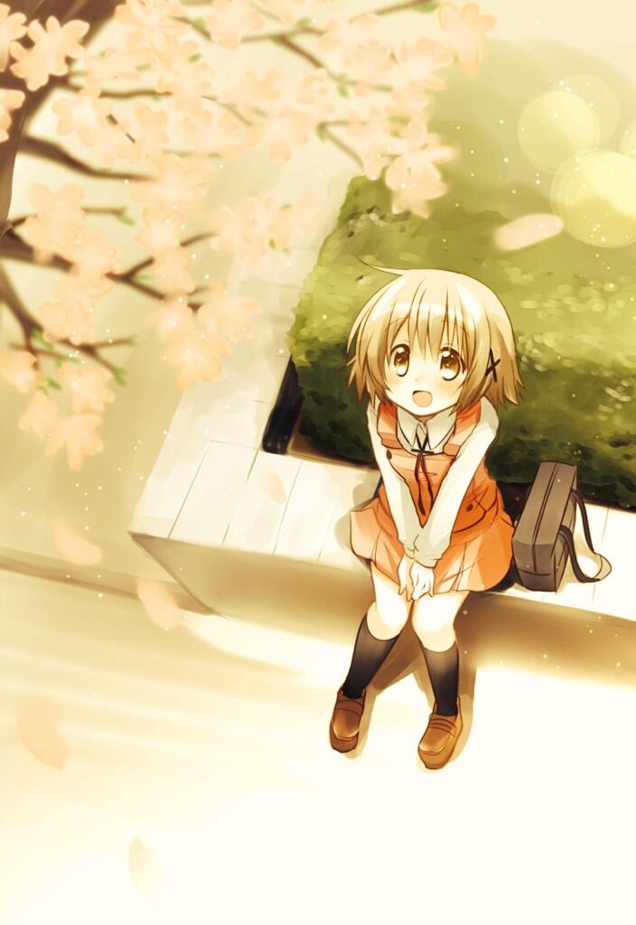 1girl brown_hair cherry_blossoms from_above hidamari_sketch looking_up open_mouth quro_(black_river) school_uniform short_hair sitting skirt smile solo v_arms yuno