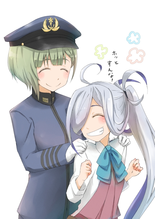 2girls asashimo_(kantai_collection) b-man bowtie closed_eyes female_admiral_(kantai_collection) grey_hair hair_over_one_eye hands_on_another's_shoulders hat kantai_collection long_hair military military_uniform multiple_girls naval_uniform peaked_cap school_uniform serafuku short_hair smile translated uniform