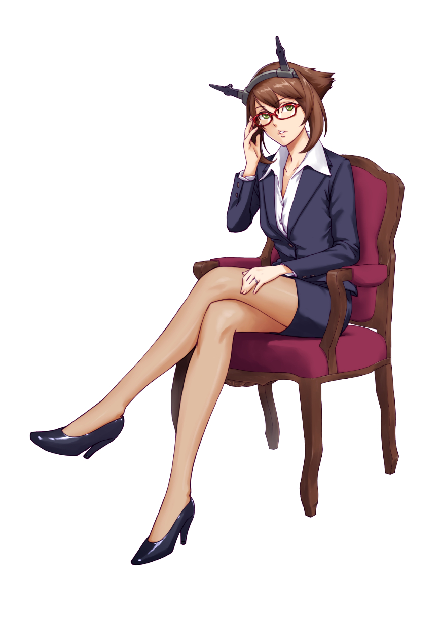 1girl brown_hair chair crossed_legs formal glasses green_eyes high_heels highres jewelry kaburagi_yuki kantai_collection legs looking_at_viewer mutsu_(kantai_collection) office_lady parted_lips red-framed_glasses ring short_hair sitting solo