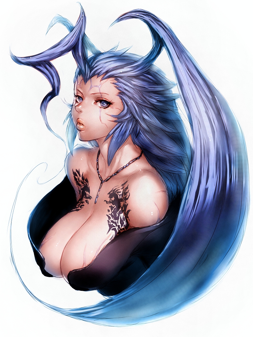 1girl ahoge bare_shoulders blue_eyes blue_hair breasts final_fantasy final_fantasy_x fumio_(rsqkr) genderswap huge_ahoge huge_breasts jewelry lips long_hair necklace seymour_guado simple_background solo tattoo white_background
