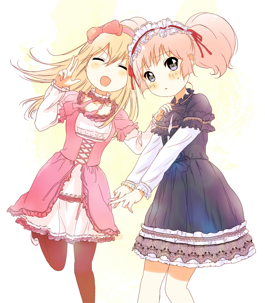 &gt;:d 2girls :d backlighting baka_neko black_legwear blonde_hair blue_eyes bow closed_eyes collarbone formal hair_bow hand_on_another's_shoulder headdress lace leg_up looking_at_viewer multiple_girls open_mouth pantyhose parted_lips pink_hair smile sweatdrop toshinou_kyouko twintails v v_arms w yoshikawa_chinatsu yuru_yuri