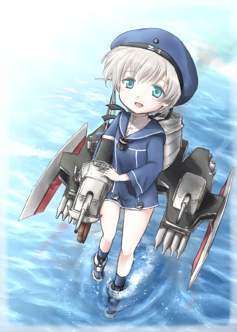 1girl beret blonde_hair blue_eyes cannon clothes_writing from_above gun hat kantai_collection looking_up ocean open_mouth red-50869 sailor_collar sailor_dress sailor_hat short_hair solo torpedo turret water weapon z1_leberecht_maass_(kantai_collection)