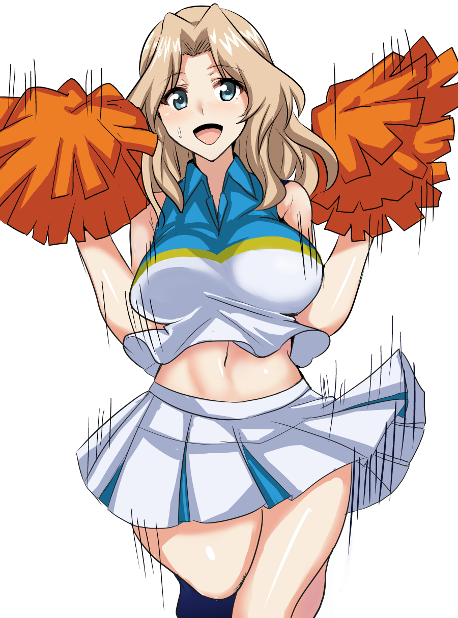 1girl :d blonde_hair blue_eyes cheerleader commentary_request crop_top eyebrows_visible_through_hair girls_und_panzer graphite_(medium) hair_intakes highres holding kay_(girls_und_panzer) koujun_(mugenzero) leg_up long_hair looking_at_viewer midriff miniskirt motion_lines multicolored_shirt navel nib_pen_(medium) open_mouth pleated_skirt pom_poms simple_background skirt sleeveless smile solo standing standing_on_one_leg sweat traditional_media w_arms white_background white_skirt