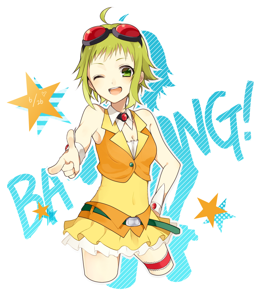 1girl ;d ahoge belt chisumi choker finger_gun goggles goggles_on_head green_eyes green_hair gumi one_eye_closed open_mouth short_hair skirt smile solo vocaloid