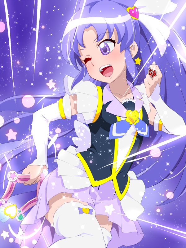 1girl ass_smack cure_fortune hair_ornament happinesscharge_precure! heart_hair_ornament hikawa_iona instrument jewelry kamen_rider kamen_rider_wizard_(series) long_hair magical_girl one_eye_closed open_mouth parody ponytail precure purple_background purple_hair purple_skirt ring skirt solo tambourine thigh-highs tj-type1 violet_eyes white_legwear zettai_ryouiki