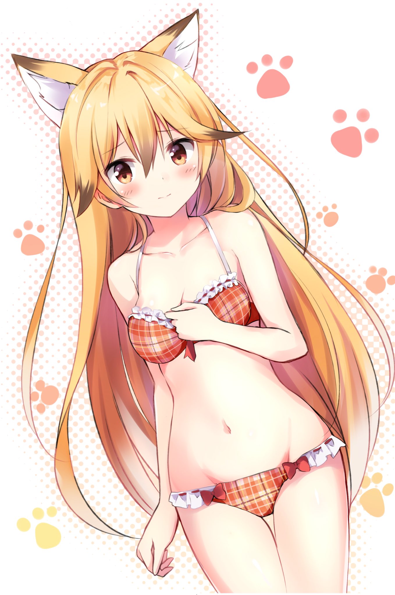 1girl animal_ears arm_at_side bare_shoulders bikini blonde_hair blush bow breasts brown_hair cleavage closed_mouth collarbone embarrassed eyebrows_visible_through_hair ezo_red_fox_(kemono_friends) fox_ears frilled_bikini frills hair_between_eyes halftone halftone_background hand_on_own_chest highres hyurasan kemono_friends light_frown long_hair looking_at_viewer multicolored_hair navel orange_bikini plaid plaid_skirt raised_eyebrows red_bow skirt small_breasts solo stomach streaked_hair swimsuit tareme thigh_gap very_long_hair