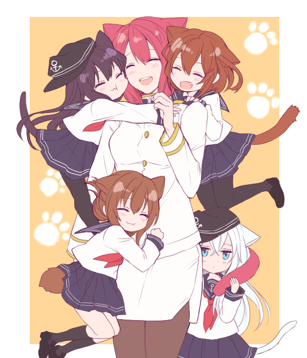 5girls :3 :d ^_^ akatsuki_(kantai_collection) anchor_symbol animal_ears aqua_hair black_hair black_legwear blush cat_ears cat_tail cheek_press closed_eyes fang female_admiral_(kantai_collection) folded_ponytail hat hibiki_(kantai_collection) hug ikazuchi_(kantai_collection) inazuma_(kantai_collection) kantai_collection kneehighs long_hair military military_uniform multiple_girls nagomi_(mokatitk) neckerchief open_mouth pantyhose pleated_skirt redhead sailor_collar school_uniform serafuku short_hair skirt smile tail uniform