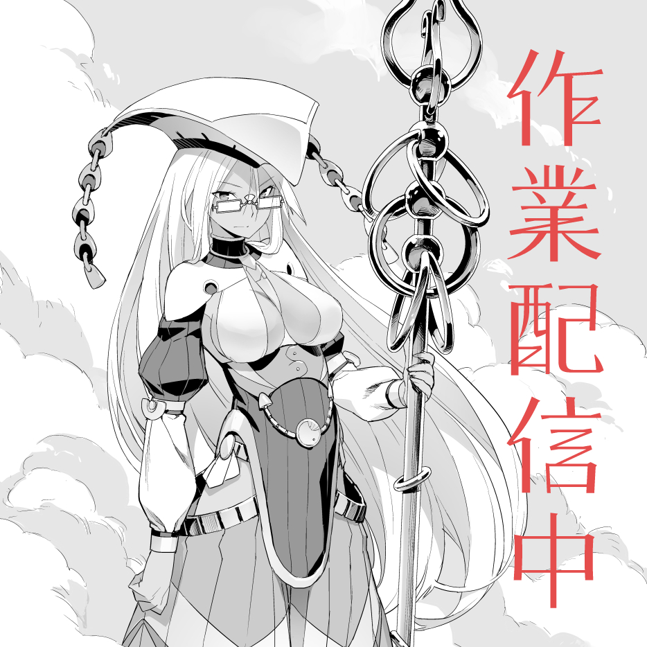 1girl breasts glasses hat large_breasts monochrome original solo staff tatsuwo translation_request