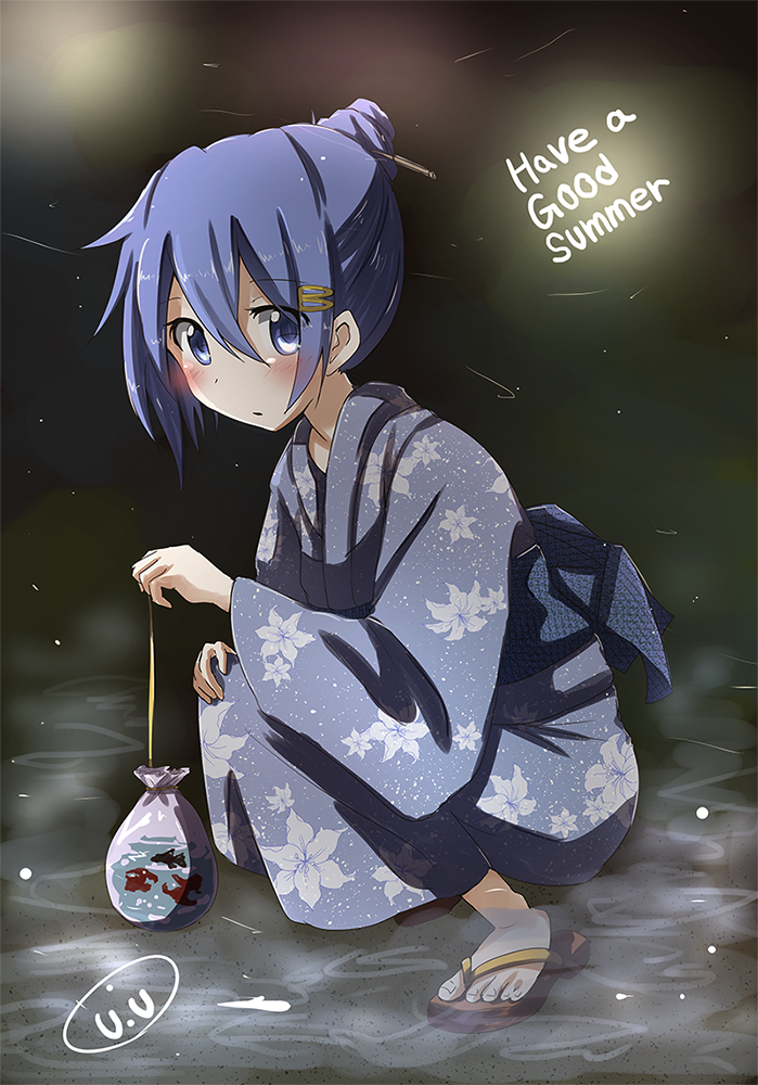 1girl blush english fish geta goldfish hair_bun hair_ornament hair_stick hair_up hairclip japanese_clothes kimono looking_at_viewer mahou_shoujo_madoka_magica miki_sayaka short_hair solo u_u_(mooooooou) yo-yo_balloon yukata