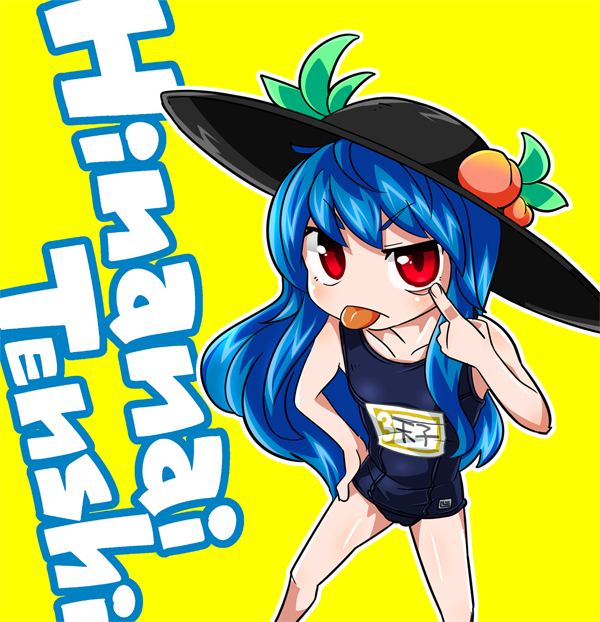 1girl akanbe alternate_costume blue_hair byourou character_name food fruit hat hinanawi_tenshi long_hair peach red_eyes simple_background solo swimsuit tongue tongue_out touhou yellow_background