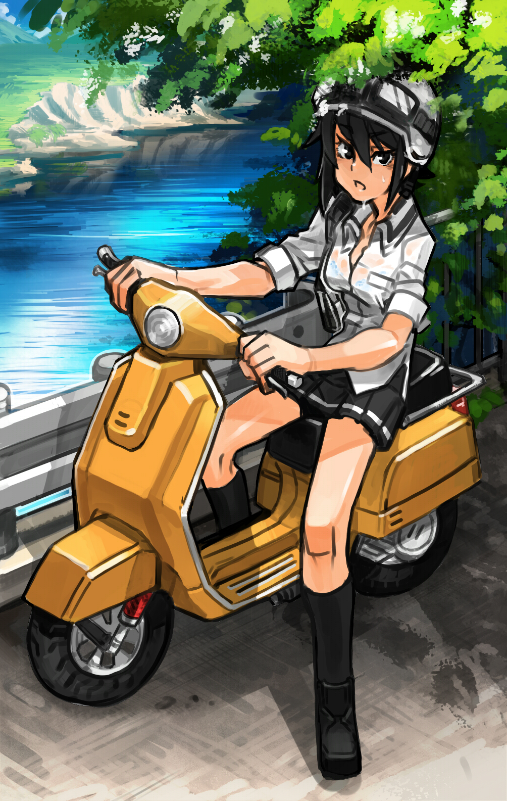 1girl black_hair bra commentary_request gettewi goggles goggles_on_head helmet highres motor_vehicle river school_uniform scooter see-through shirt short_hair skirt sleeves_rolled_up socks solo sweat underwear vehicle vespa wet wet_clothes wet_shirt