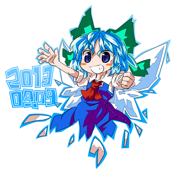 1girl ascot blue_eyes blue_hair blush_stickers bow byourou chibi cirno clenched_hand dated dress grin hair_bow ice ice_wings ribbon short_hair simple_background smile solo touhou white_background wings