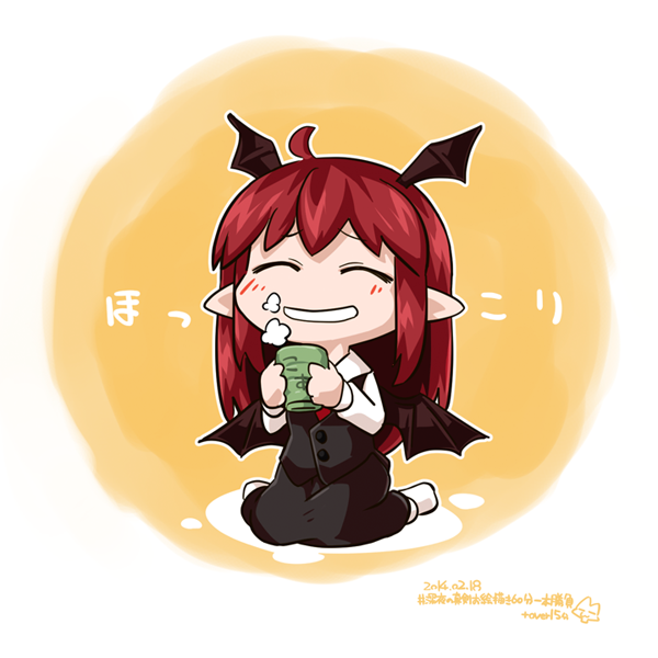 1girl :d ^_^ ahoge bat_wings blush byourou chibi closed_eyes cup dated dress_shirt grin happy head_wings koakuma long_hair long_sleeves necktie open_mouth orange_background pointy_ears redhead shirt simple_background sitting skirt skirt_set smile solo steam teacup touhou translated vest wariza white_shirt wings