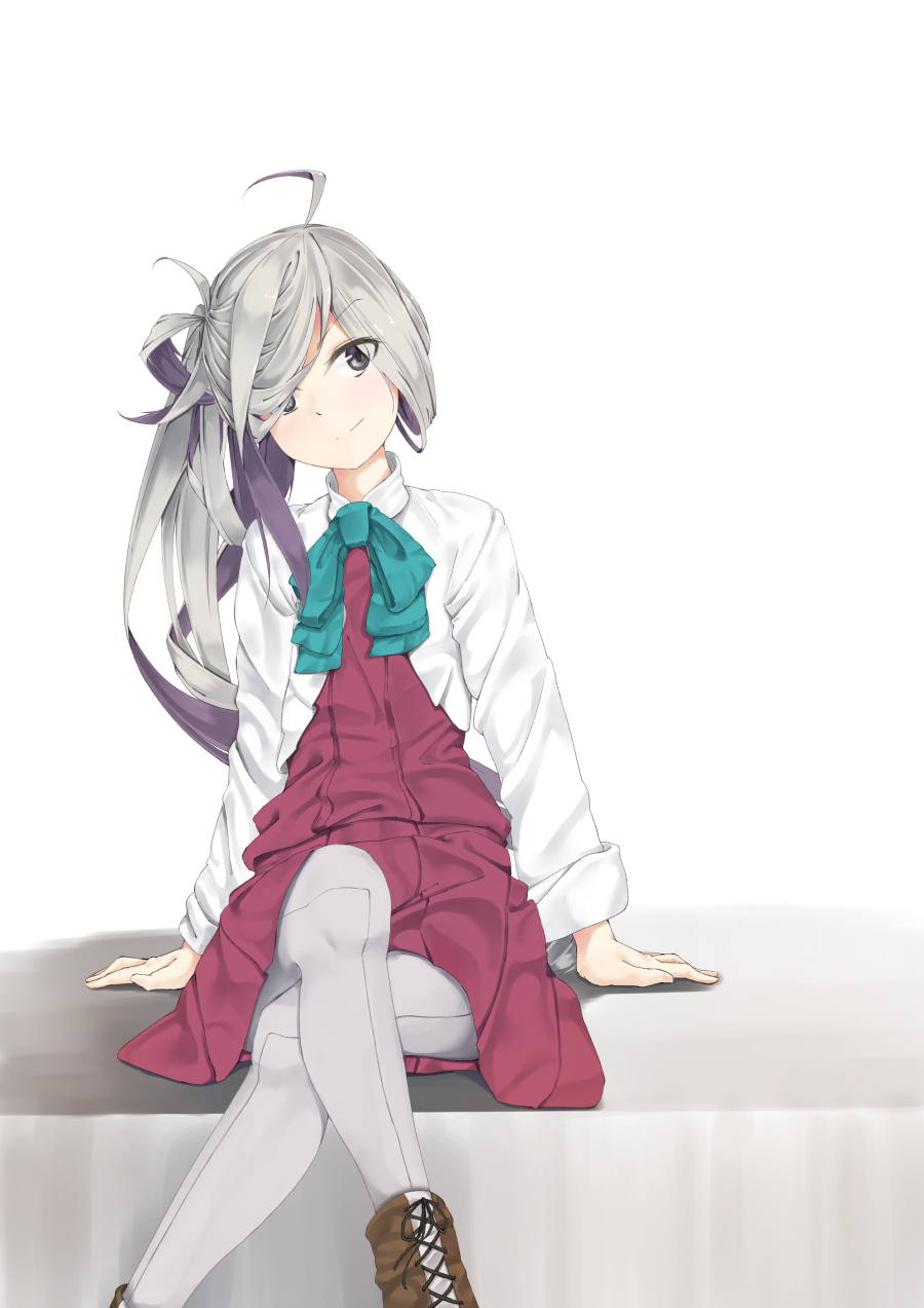 1girl ahoge asashimo_(kantai_collection) boots brown_boots collared_shirt crossed_legs dress grey_eyes grey_hair grey_legwear hair_over_one_eye highres kantai_collection kusumi_(minusu0618) long_ponytail long_sleeves looking_at_viewer multicolored_hair pantyhose pleated_dress ponytail purple_dress school_uniform shirt simple_background sitting smile solo two-tone_hair white_background white_shirt