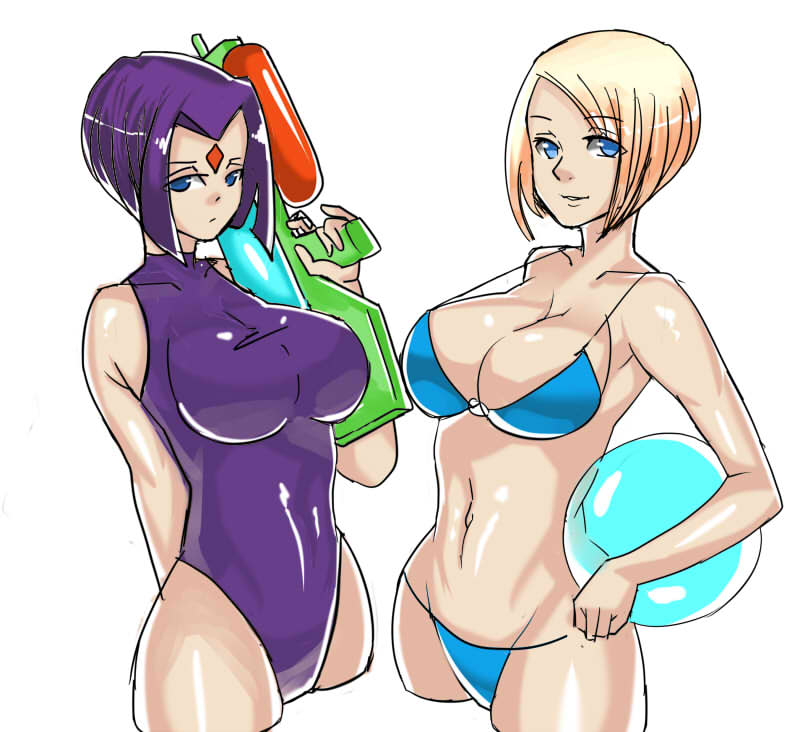 2girls bangs blonde_hair blue_eyes bob_cut breasts cleavage cropped_legs dc_comics facial_mark forehead_mark large_breasts multiple_girls one-piece_swimsuit parted_bangs power_girl purple_hair raven_(dc) short_hair smile strap_gap super_soaker swimsuit teen_titans water_gun zxc