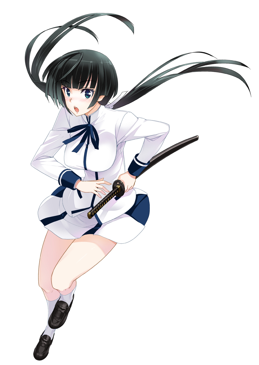 1girl black_hair blue_eyes hair_ribbon highres inue_shinsuke katana kneehighs loafers looking_at_viewer maji_de_watashi_ni_koi_shinasai! mayuzumi_yukie open_mouth ribbon scabbard school_uniform sheath shoes skirt solo sword twintails weapon white_background