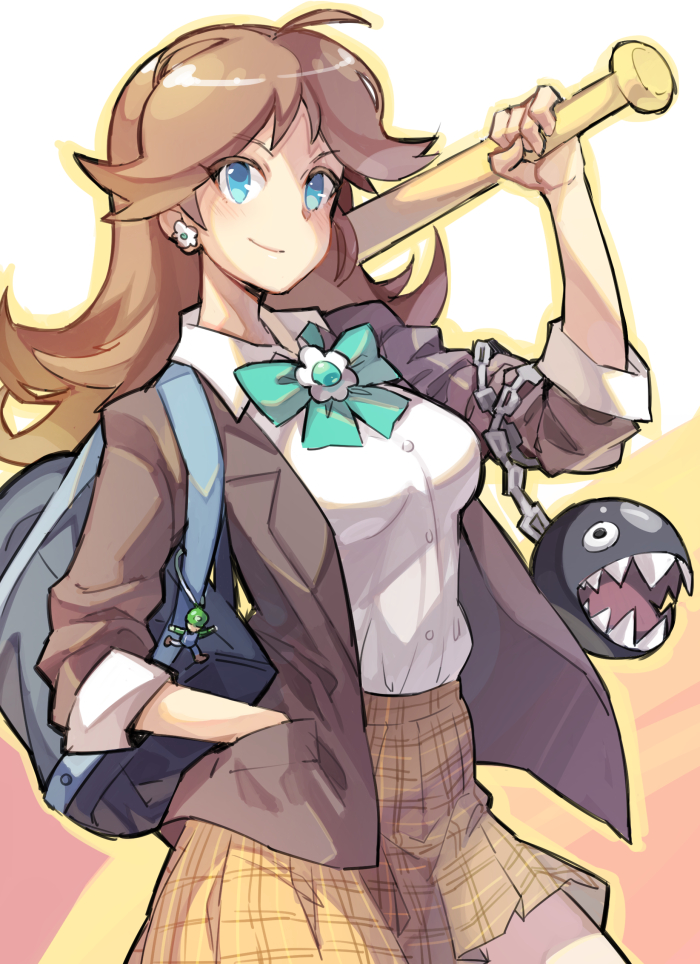 1girl bag banchou baseball_bat blazer blue_eyes breasts brown_hair cameo chain_chomp earrings gebyy-terar hand_in_pocket jewelry long_hair luigi nintendo plaid plaid_skirt princess_daisy school_uniform skirt solo super_mario_bros.