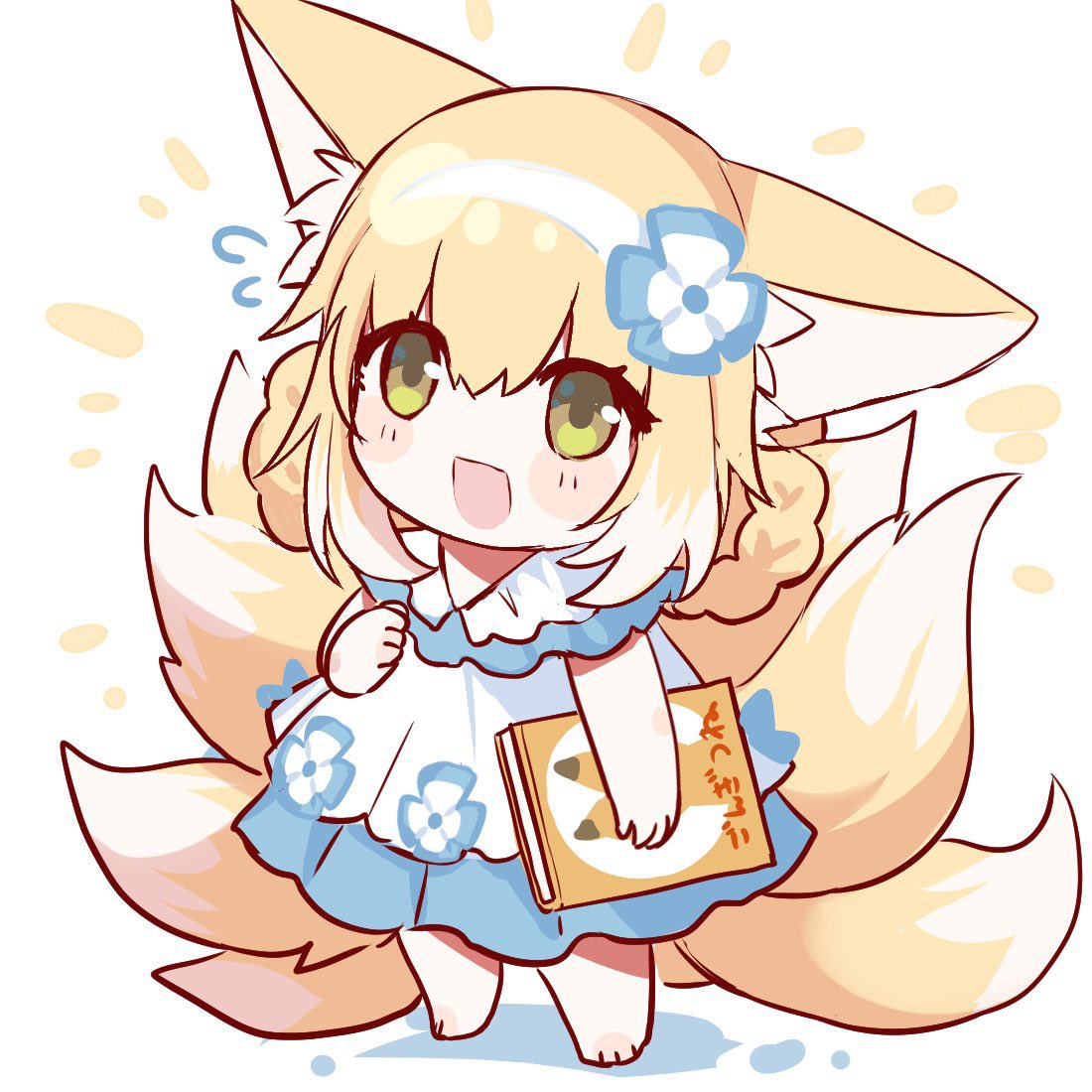 1girl :d ^^^ animal_ear_fluff animal_ears arknights barefoot blonde_hair blush_stickers book braid chibi commentary_request dress flower fox_ears fox_girl fox_tail green_eyes hair_flower hair_ornament hairband hand_on_own_chest hand_up holding holding_book looking_at_viewer multicolored_hair multiple_tails nicole_(lion) smile solo standing sundress suzuran_(arknights) tail two-tone_hair white_background white_dress white_hair white_hairband