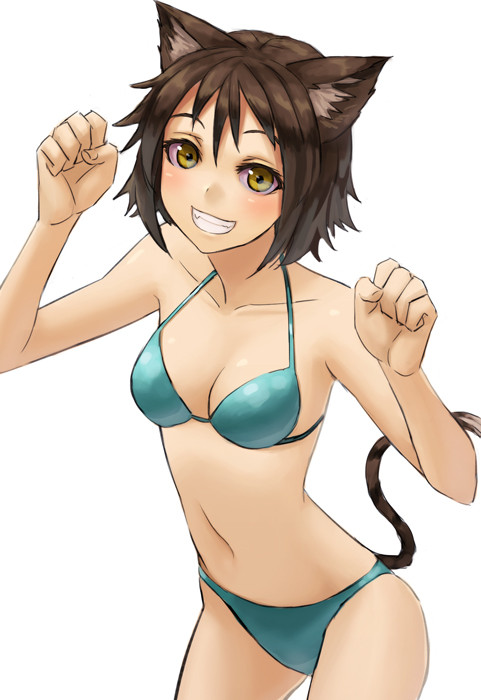 1girl animal_ears animal_pose bikini brown_hair cat_ears grin kurione_(zassou) looking_at_viewer original short_hair smile solo swimsuit tail yellow_eyes