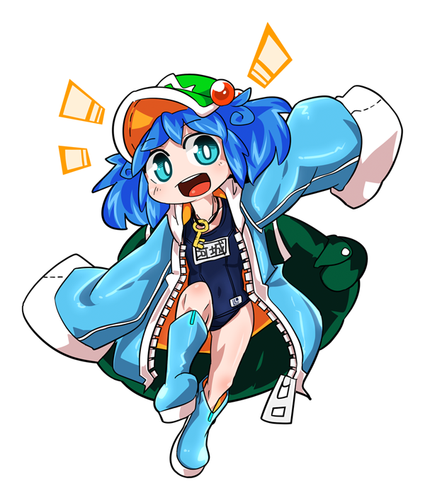 1girl alternate_costume backpack bag blue_eyes blue_hair boots byourou chibi hair_bobbles hair_ornament hat kawashiro_nitori key looking_at_viewer open_mouth rubber_boots short_hair simple_background smile solo swimsuit swimsuit_under_clothes touhou twintails white_background