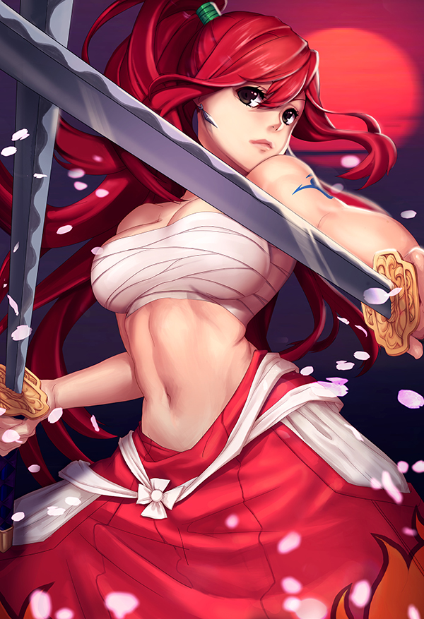 cherry_blossoms dual_wielding erza_scarlet fairy_tail hakama japanese_clothes lucidsky ponytail redhead sarashi sword tattoo weapon