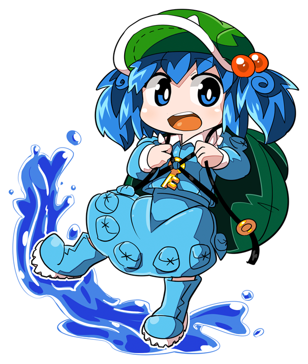 1girl backpack bag blue_eyes blue_hair boots byourou chibi hair_bobbles hair_ornament hat kawashiro_nitori key open_mouth rubber_boots short_hair simple_background solo splashing touhou twintails water white_background