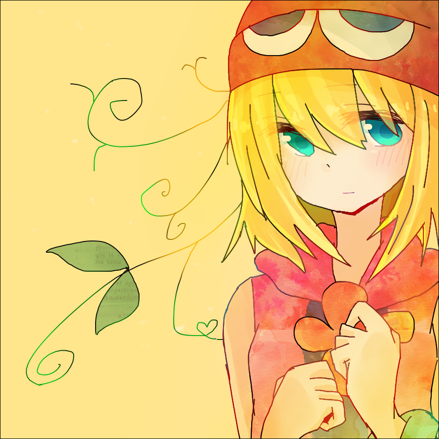 1girl amitie blonde_hair blue_eyes blush clenched_hand hat puyopuyo puyopuyo_fever rubber_band sleeveless sleeveless_shirt solo