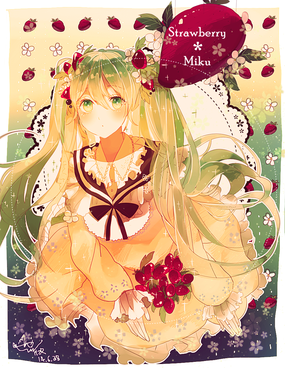 1girl character_name dress food food_themed_clothes fruit green_eyes green_hair hatsune_miku highres hzrn_(ymj924) long_hair solo strawberry strawberry_miku twintails vocaloid