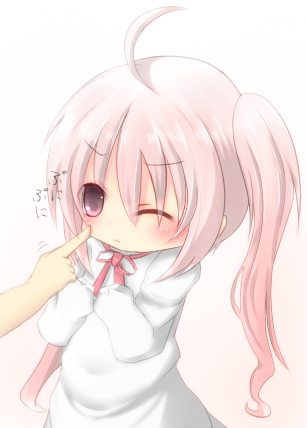 1girl ahoge blush bow child finger_to_cheek gradient gradient_background hands_in_sleeves hands_on_own_chest matthew_(yo_matthew) one_eye_closed original pink_background pink_eyes pink_hair ribbon scowl simple_background solo translation_request twintails white_background white_clothes