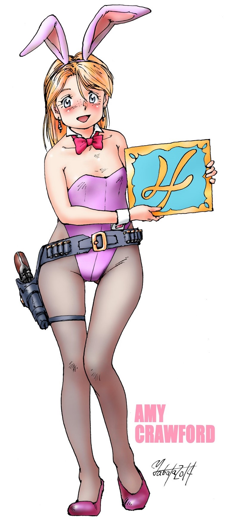 1girl amy_crawford animal_ears bare_shoulders blush bowtie bunnysuit character_name detached_collar earrings freckles gun highres holster jewelry open_mouth original pantyhose pistol rabbit_ears revolver round_girl sign smile solo standing weapon wrist_cuffs yabataso