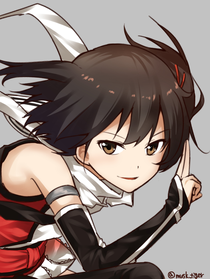 1girl bangle bare_shoulders black_hair bracelet brown_eyes elbow_gloves gloves hair_ornament jewelry kantai_collection looking_at_viewer musk_tiger scarf sendai_(kantai_collection) short_hair simple_background smile solo twitter_username white_scarf