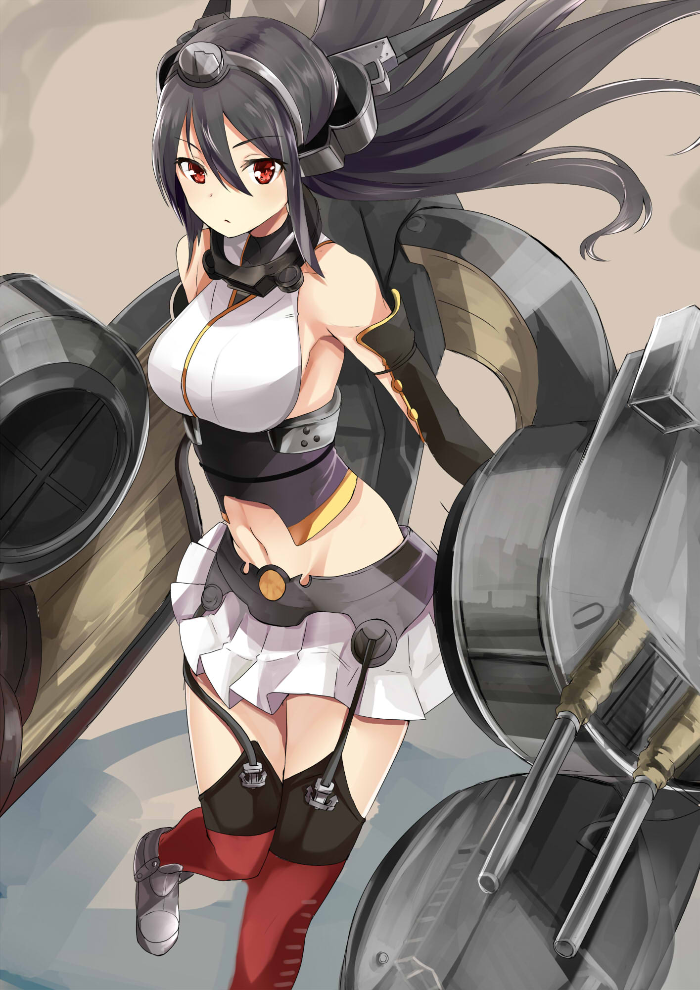 1girl bare_shoulders black_hair breasts elbow_gloves gloves haik headgear highres kantai_collection long_hair nagato_(kantai_collection) red_eyes skirt solo thigh-highs