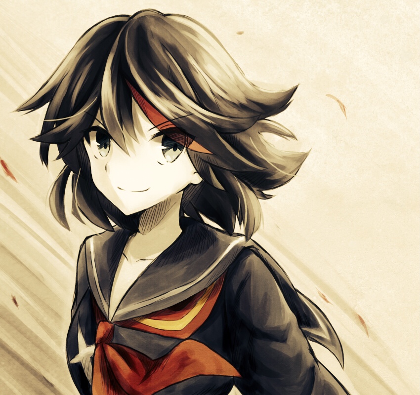 1girl black_eyes black_hair bust kill_la_kill looking_at_viewer matoi_ryuuko multicolored_hair nononon school_uniform senketsu serafuku short_hair smile tagme two-tone_hair wind