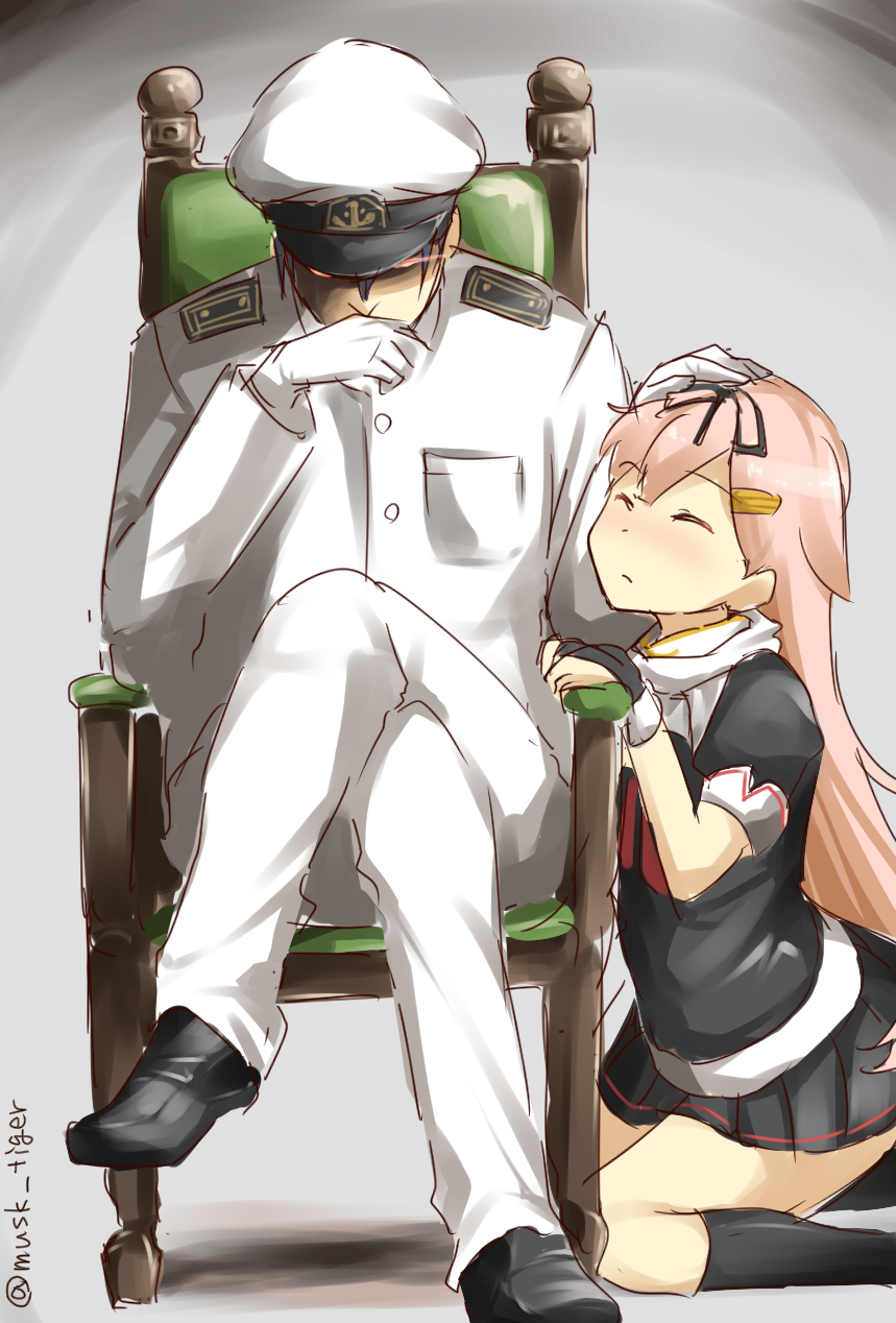 1boy 1girl admiral_(kantai_collection) black_legwear chair closed_eyes crossed_legs fingerless_gloves gloves glowing glowing_eyes hair_ornament hair_ribbon hairclip hand_on_another's_head hat highres kantai_collection kneehighs kneeling long_hair military musk_tiger peaked_cap petting pink_hair ribbon school_uniform sitting twitter_username white_scarf yuudachi_(kantai_collection)