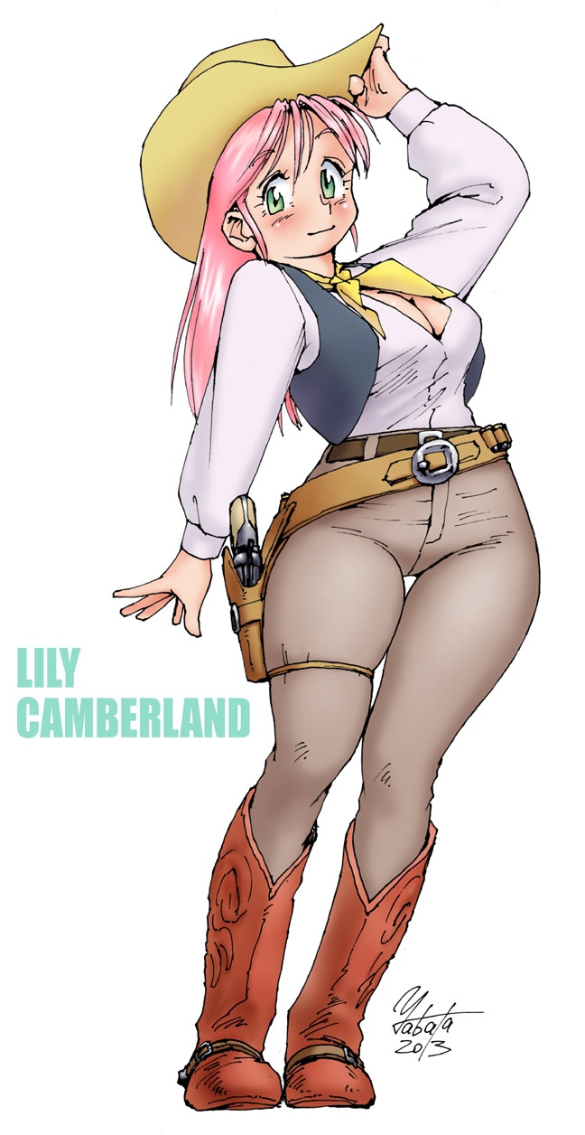 1girl boots breasts character_name cleavage cowboy_boots cowboy_hat full_body green_eyes gun hat highres holster large_breasts lily_camberland long_hair original pants pink_hair pistol revolver shirt solo standing thigh_gap vest weapon western yabataso
